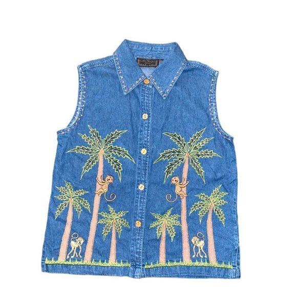 Life Style Vintage Denim Vest with Embroidered Monkeys and Palm‎ Trees - Picture 1 of 11